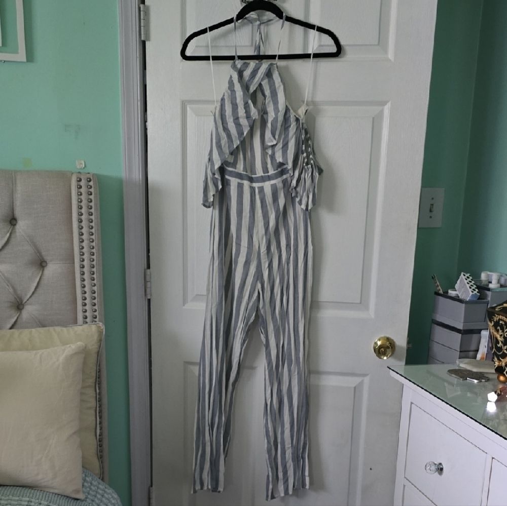 Jealous Tomato Blue and White Striped Jumpsuit
